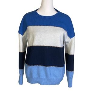 Color Block Crew Neck Sweater - Blue and White w/ Gold Stitching- Nautical - M